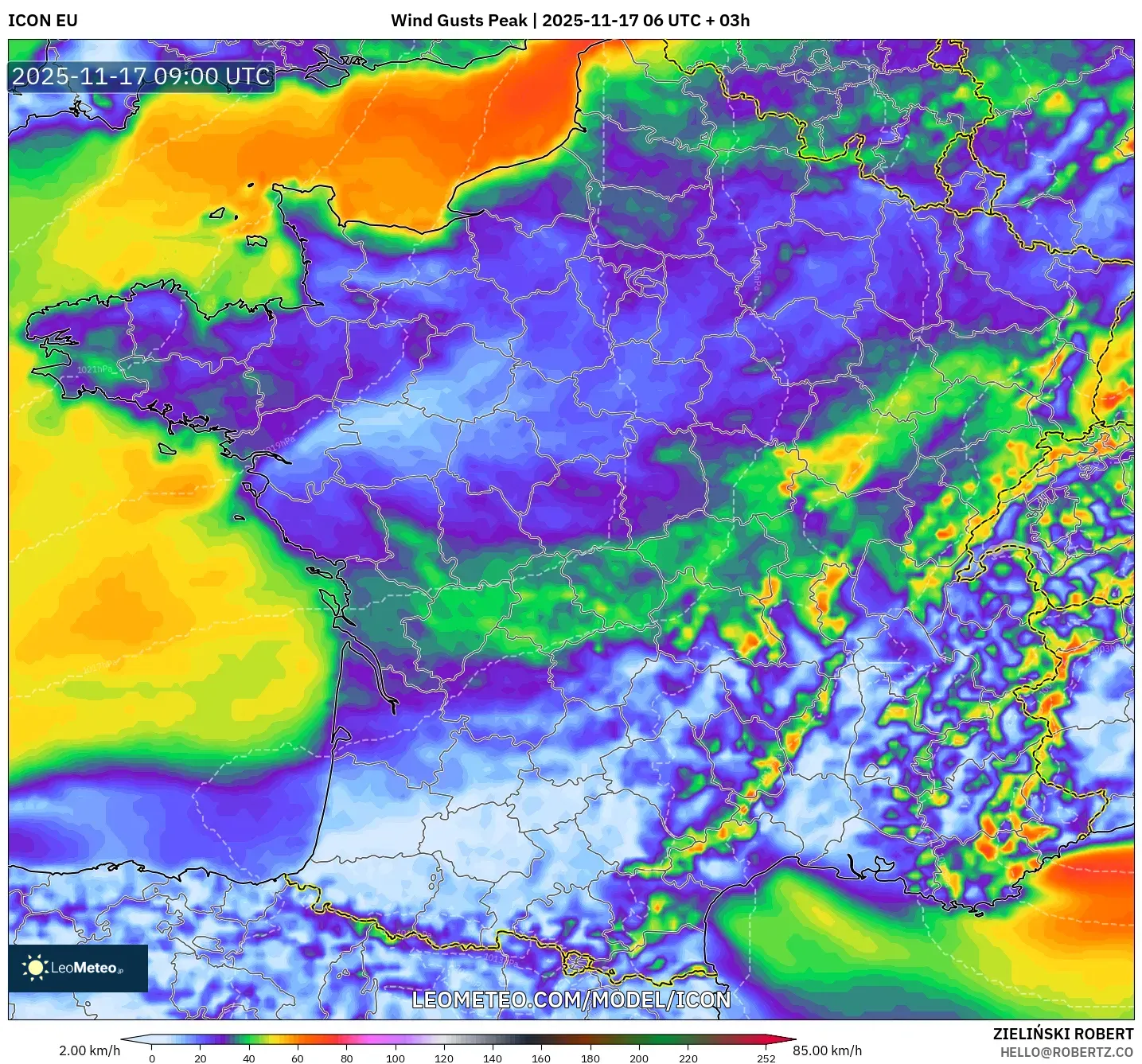 ICON model - France, Wind Gusts Peak