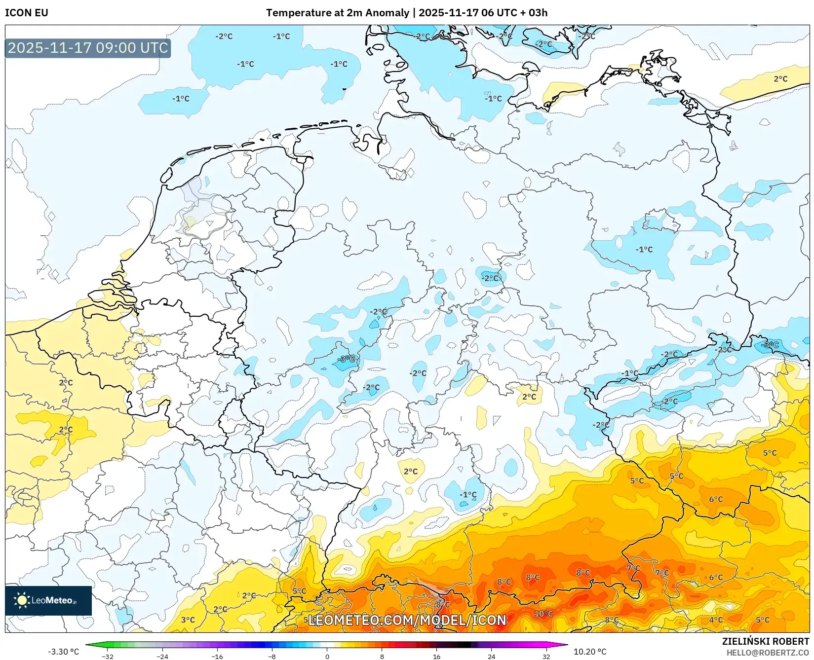 ICON model - Germany, Temperature at 2m Anomaly