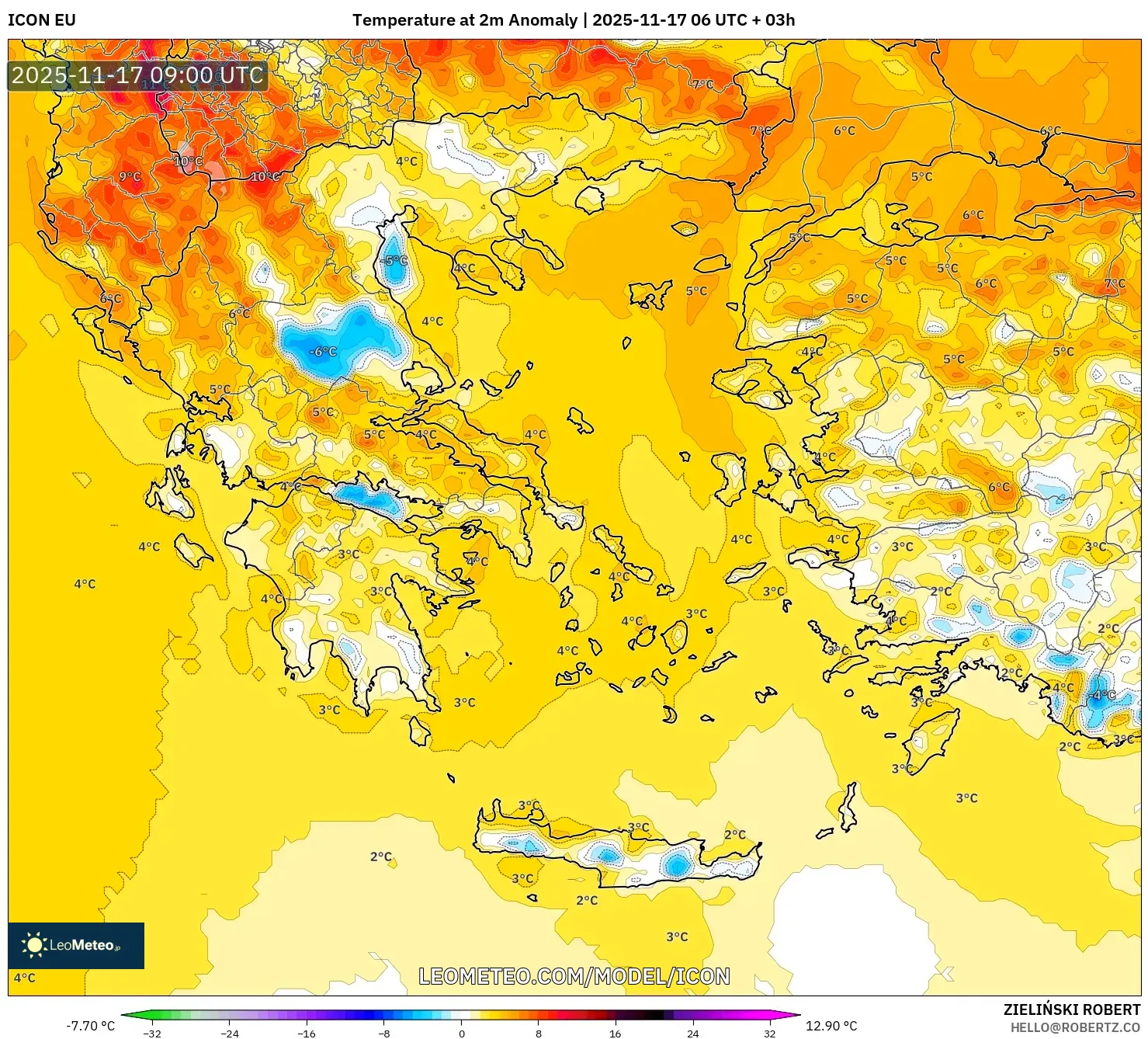 ICON model - Greece, Temperature at 2m Anomaly