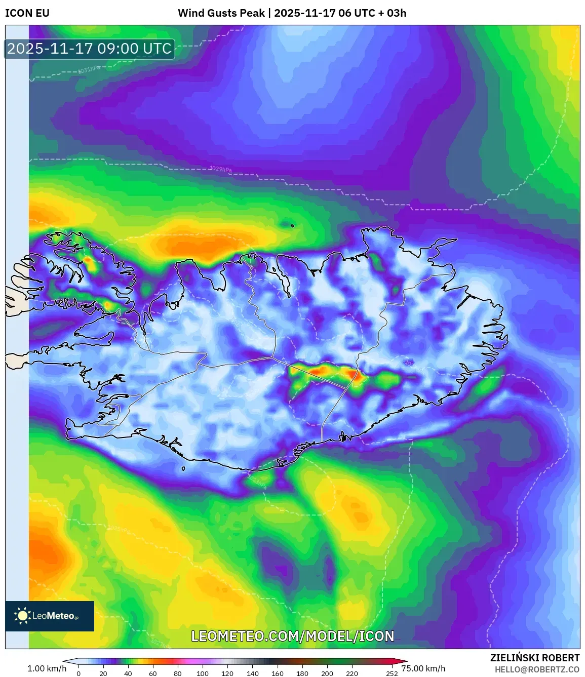 ICON model - Iceland, Wind Gusts Peak