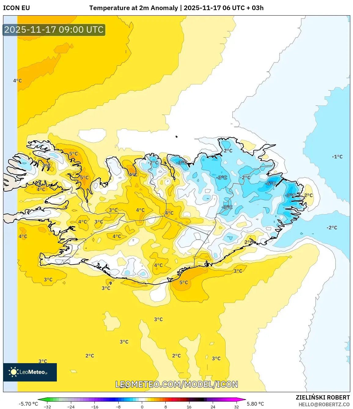 ICON model - Iceland, Temperature at 2m Anomaly