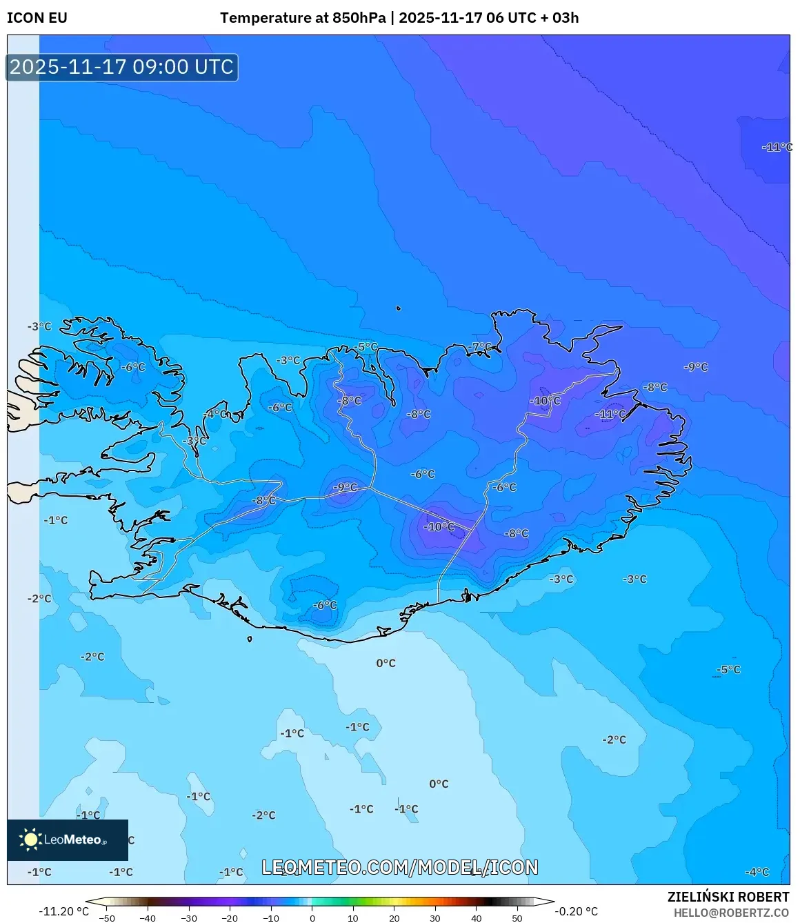 ICON model - Iceland, Temperature at 850hPa