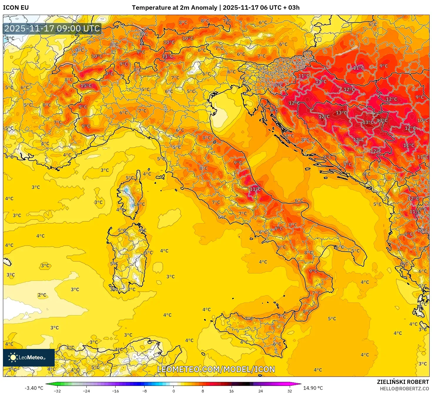 ICON model - Italy, Temperature at 2m Anomaly
