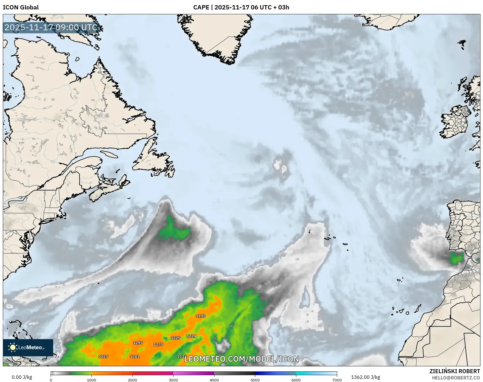 ICON model - North Atlantic, CAPE