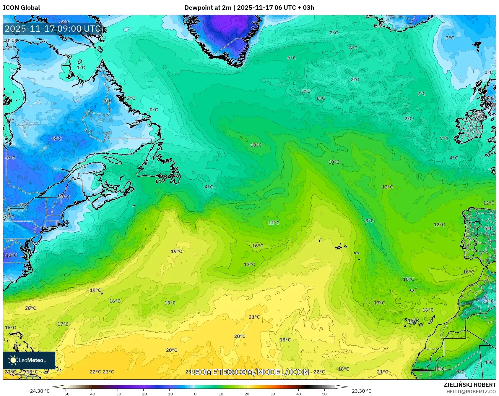 ICON model - North Atlantic, Dewpoint at 2m