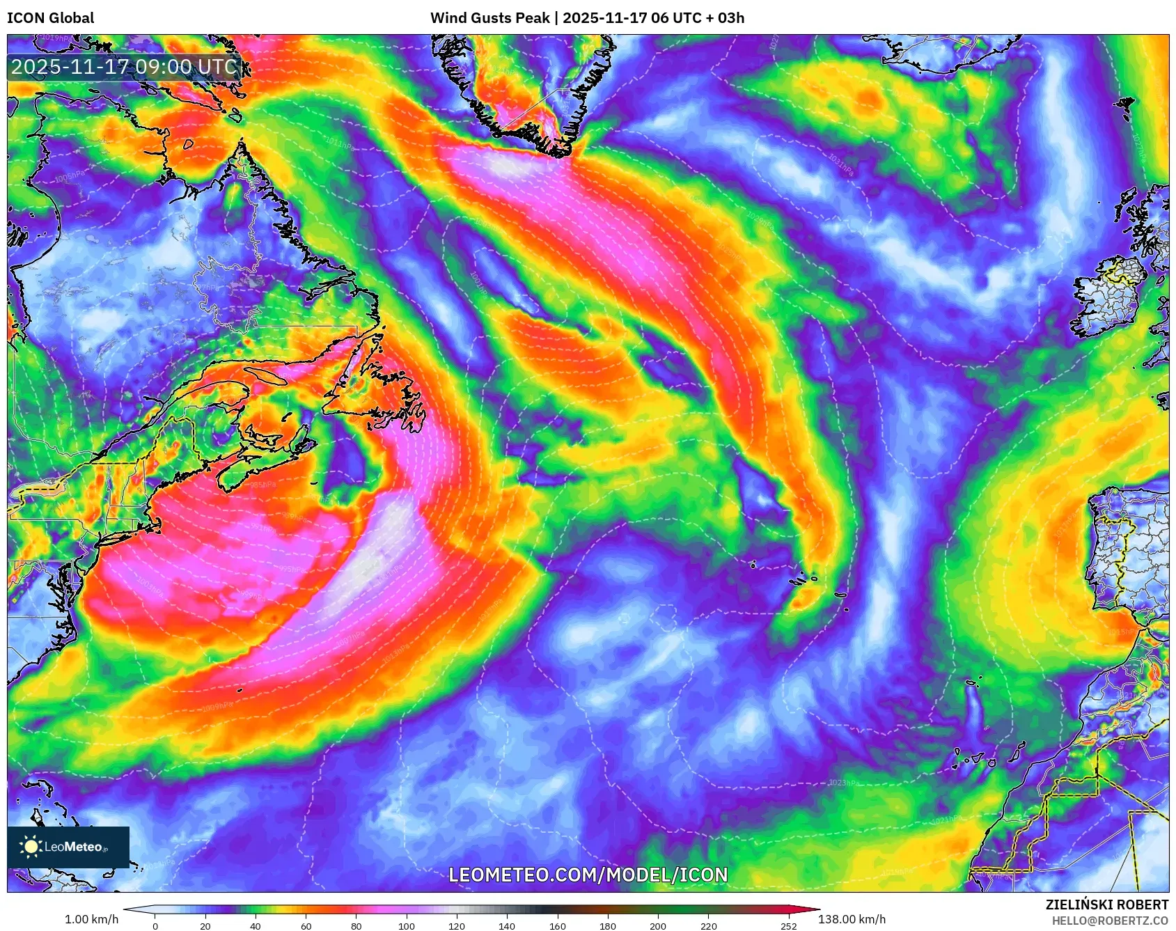 ICON model - North Atlantic, Wind Gusts Peak