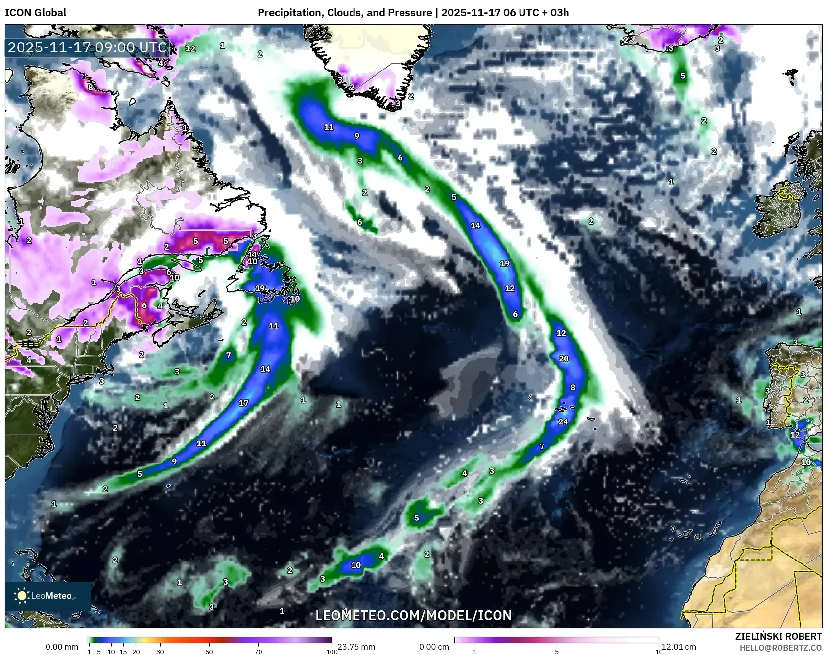 ICON model - North Atlantic, Precipitation, Clouds, and Pressure