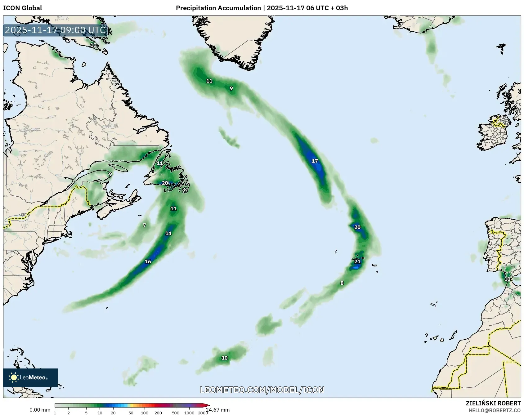 ICON model - North Atlantic, Precipitation Accumulation