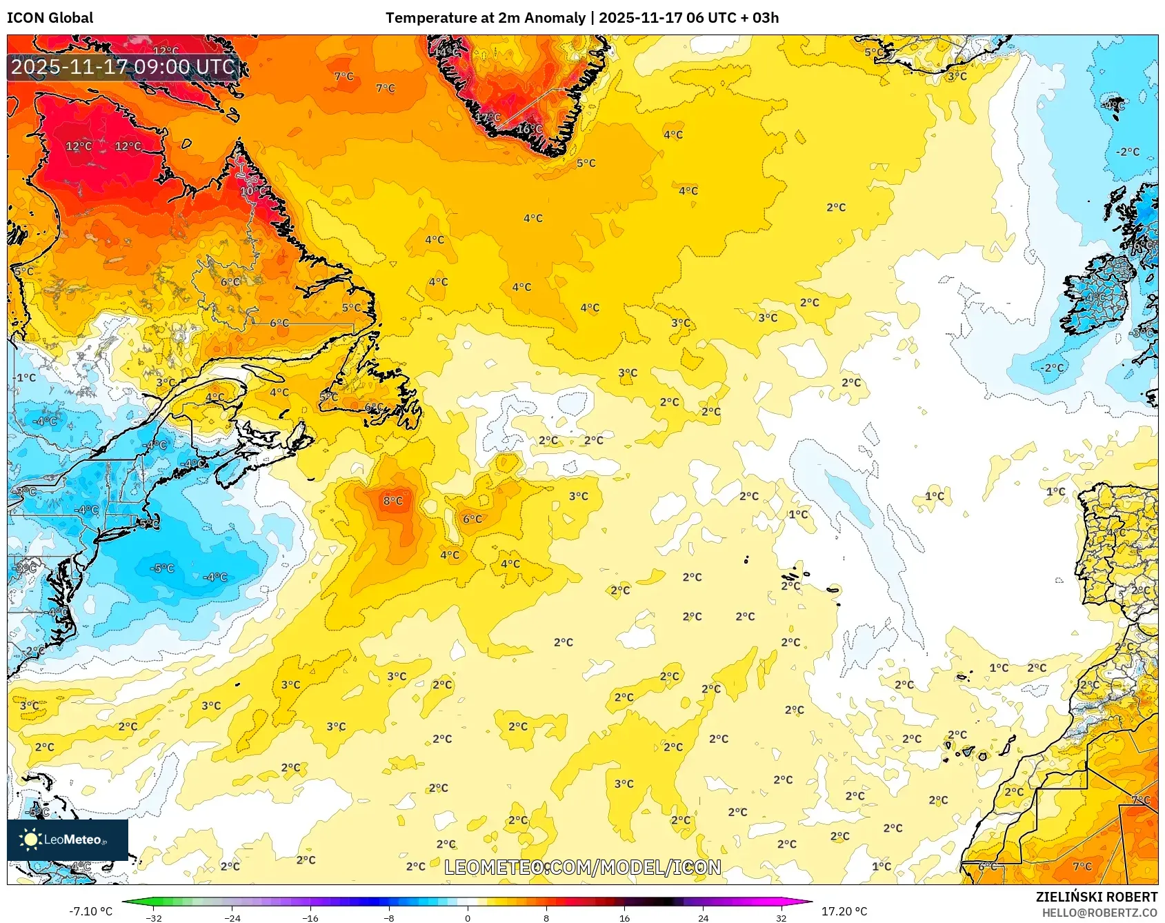 ICON model - North Atlantic, Temperature at 2m Anomaly