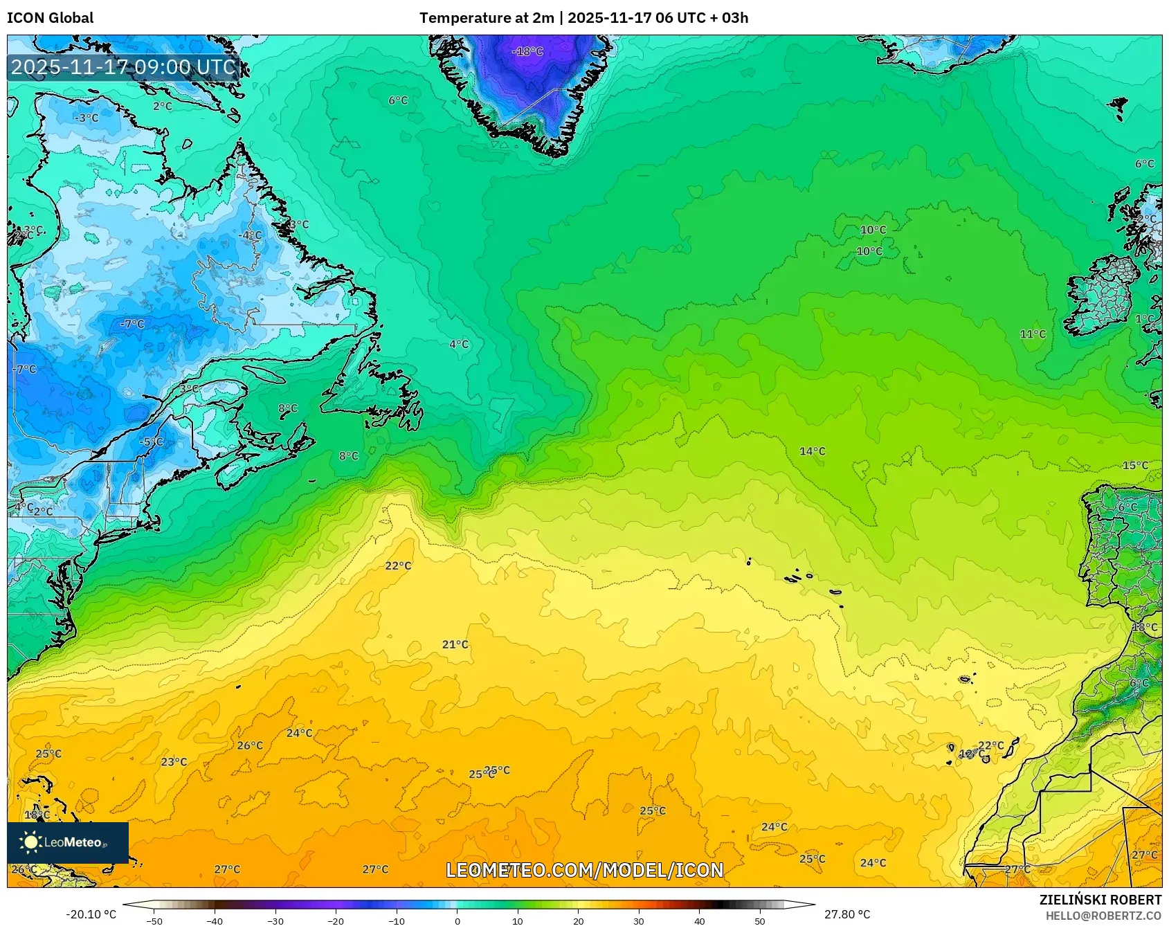 ICON model - North Atlantic, Temperature at 2m