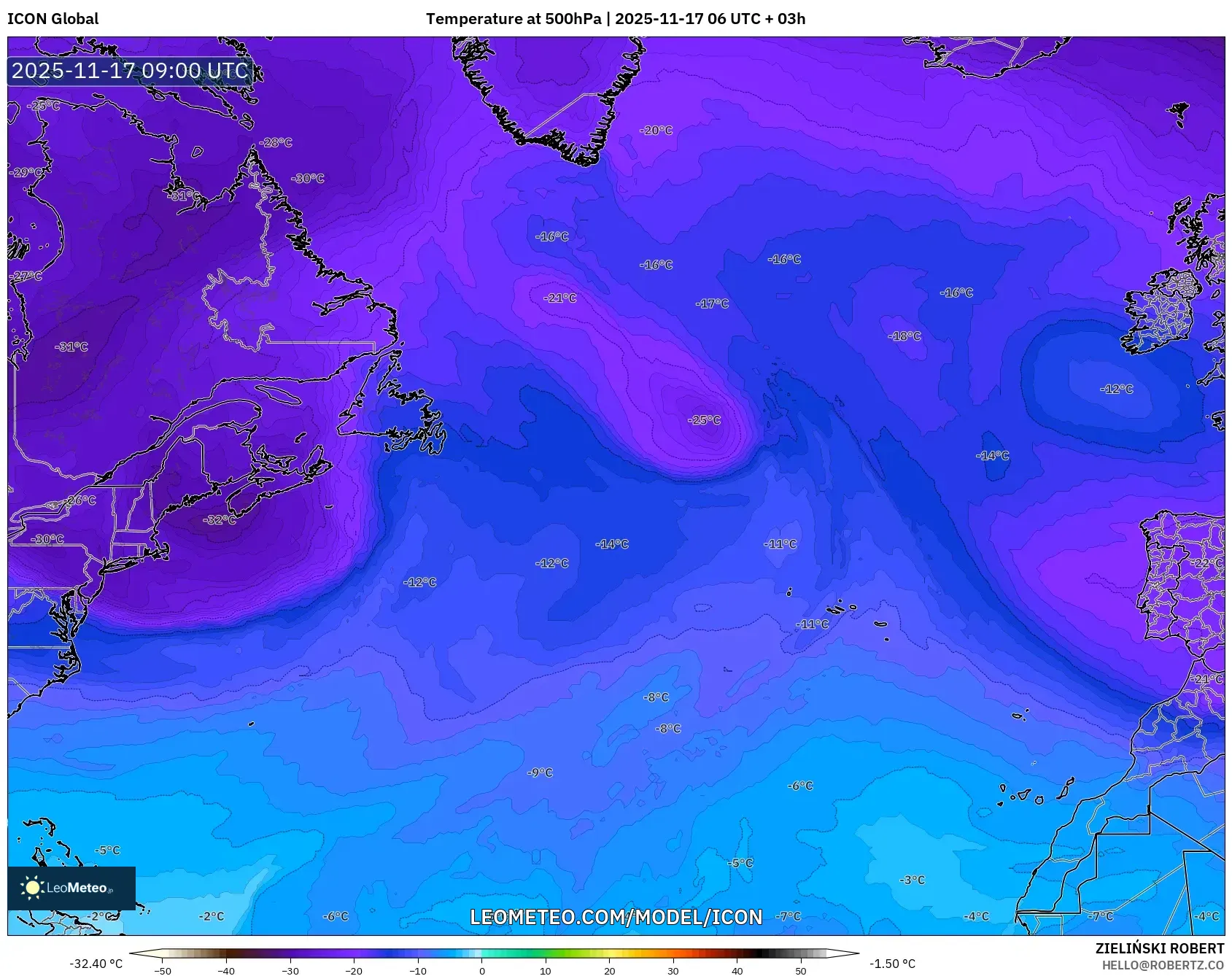 ICON model - North Atlantic, Temperature at 500hPa