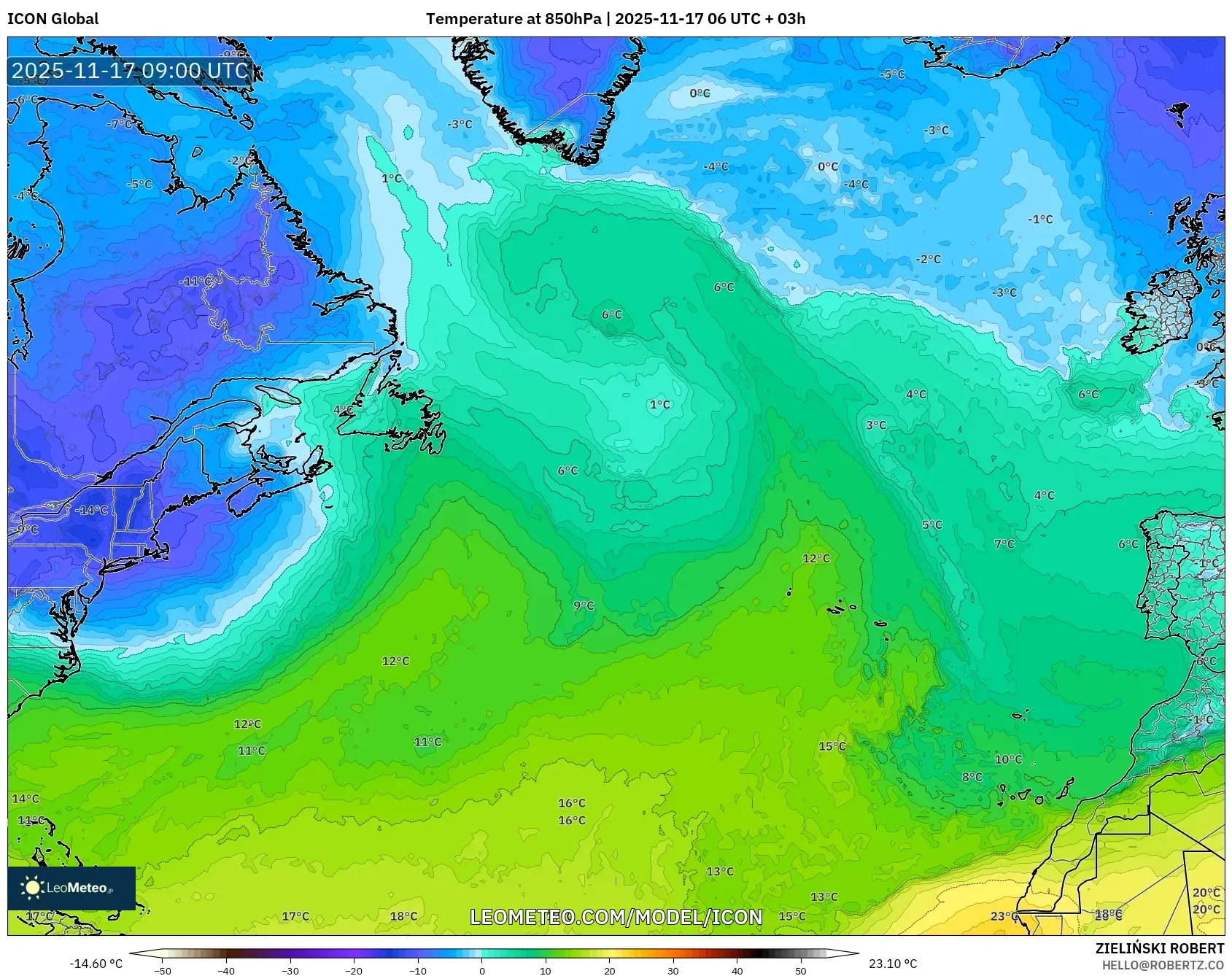 ICON model - North Atlantic, Temperature at 850hPa