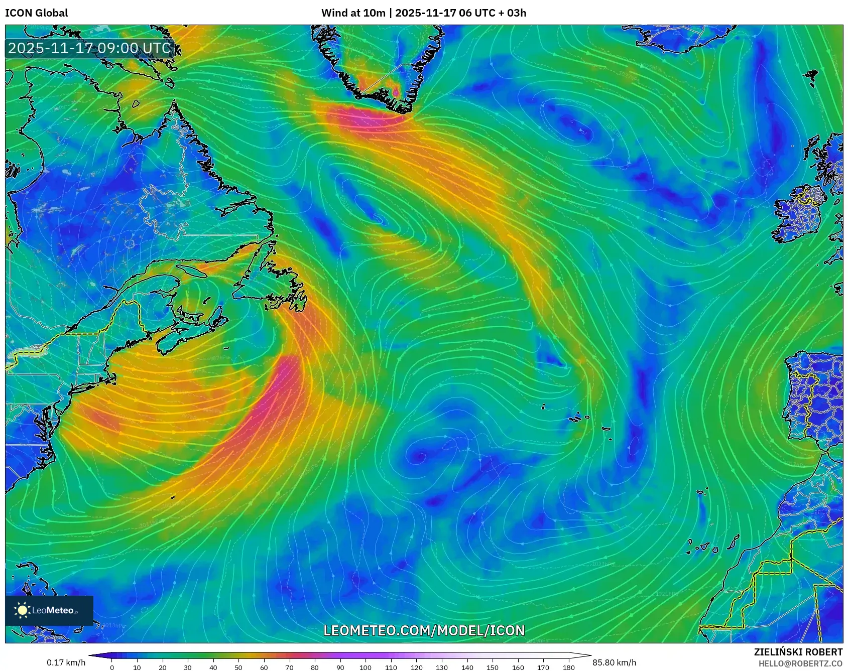 ICON model - North Atlantic, Wind at 10m