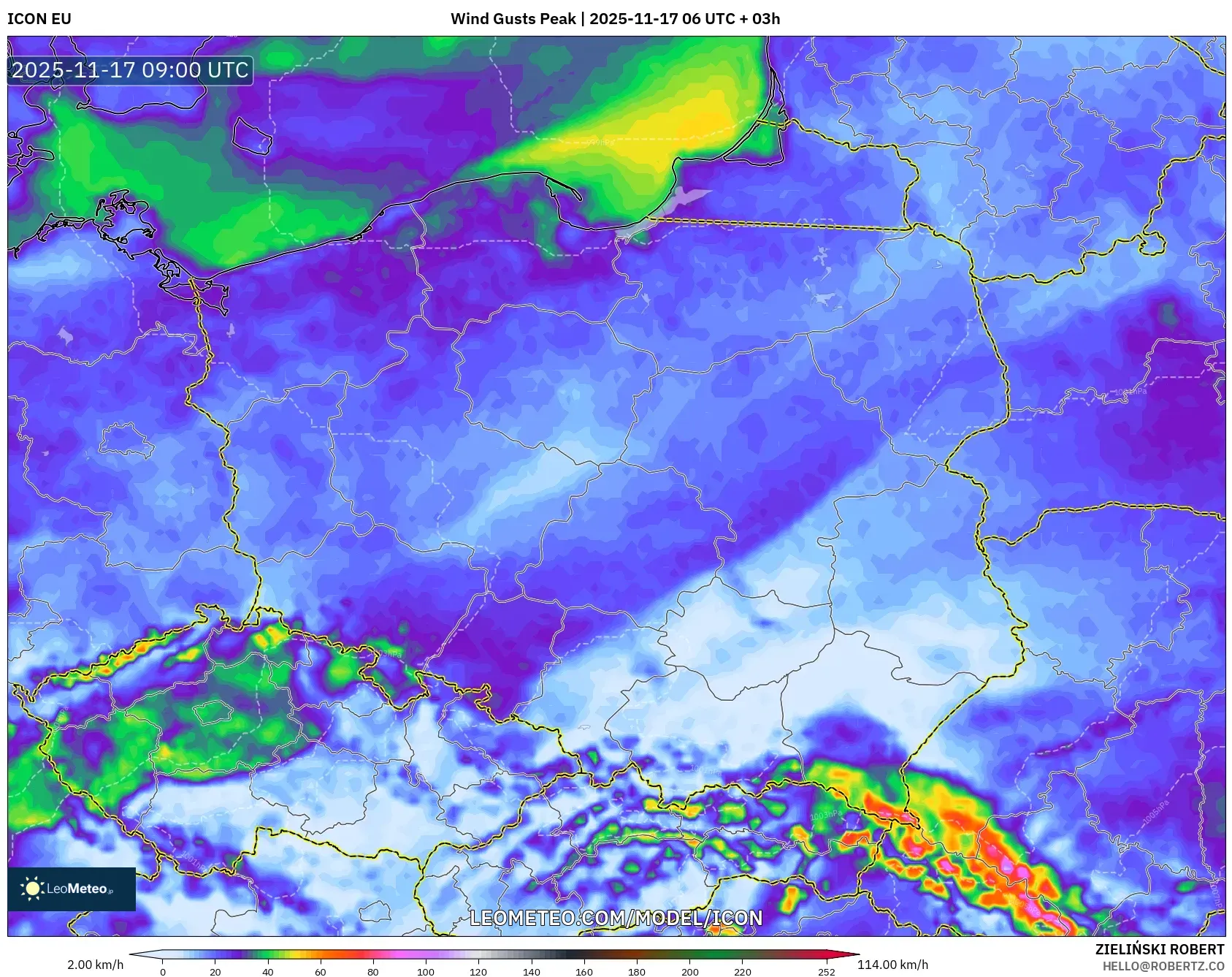 ICON model - Poland, Wind Gusts Peak