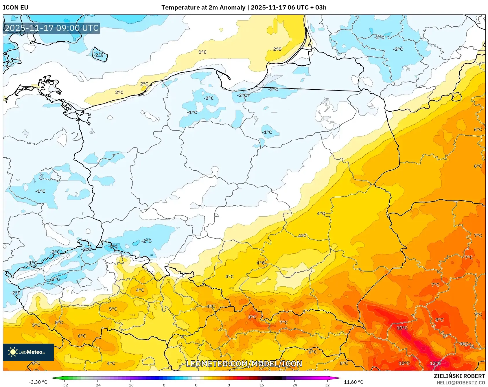 ICON model - Poland, Temperature at 2m Anomaly