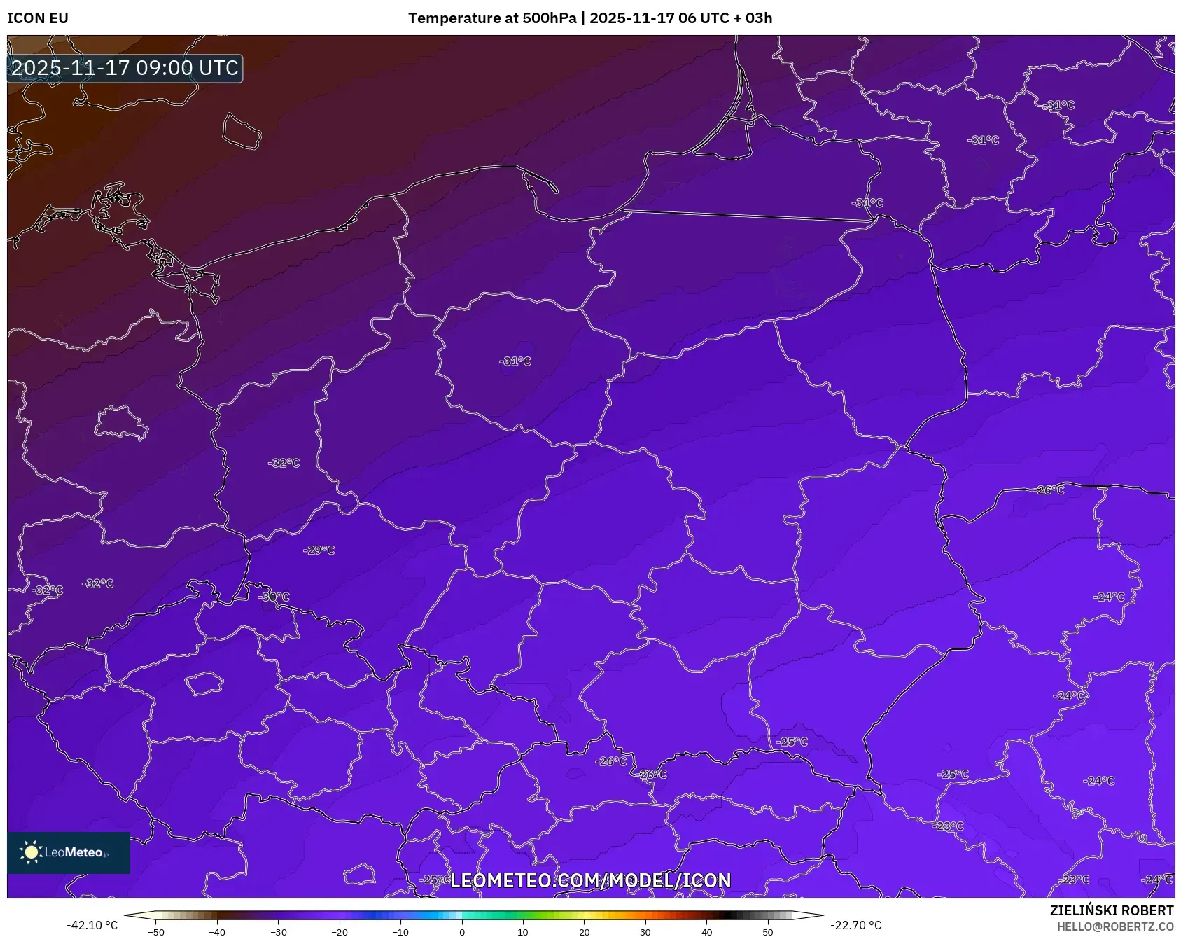ICON model - Poland, Temperature at 500hPa