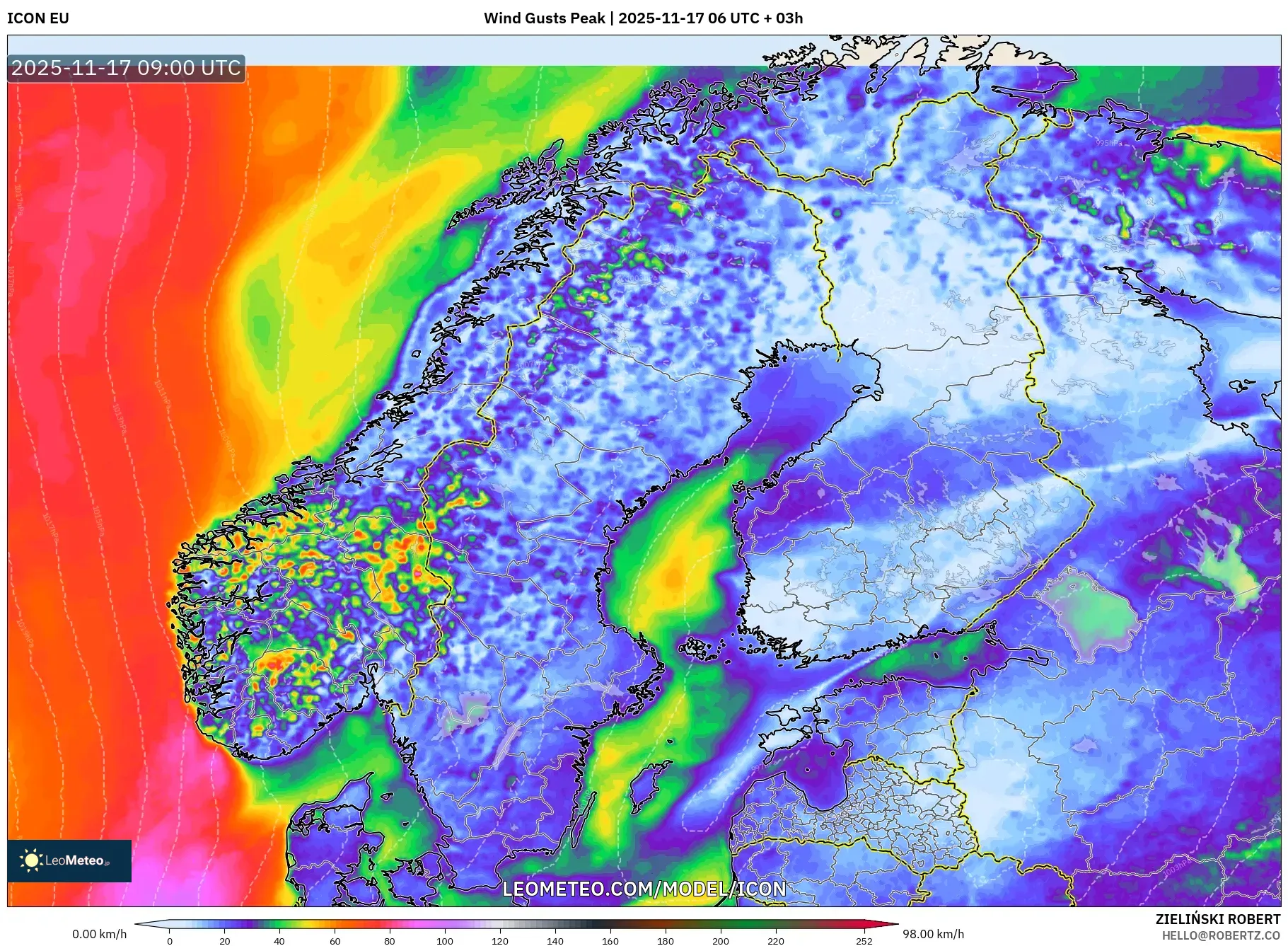 ICON model - Scandinavia, Wind Gusts Peak