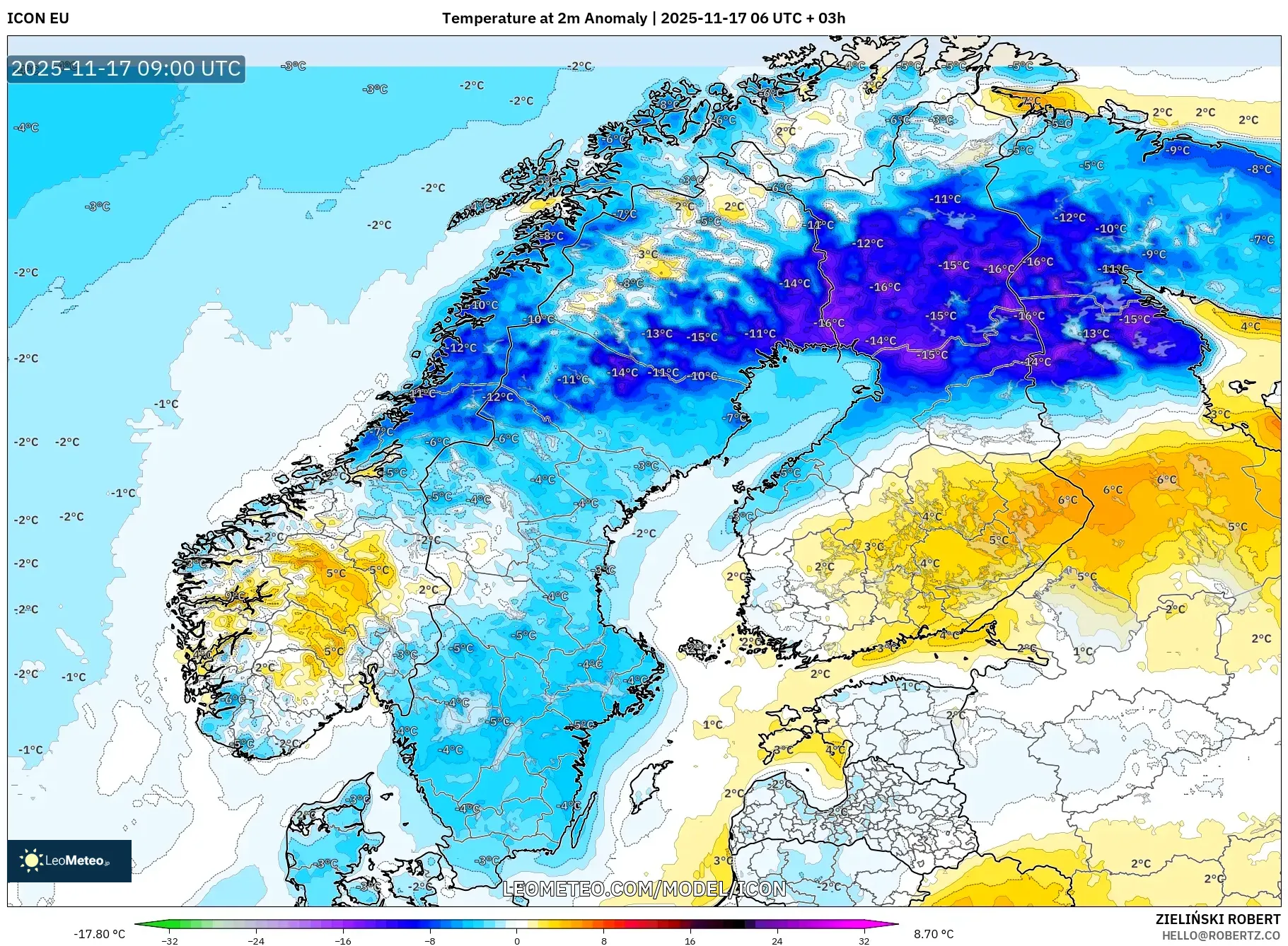 ICON model - Scandinavia, Temperature at 2m Anomaly