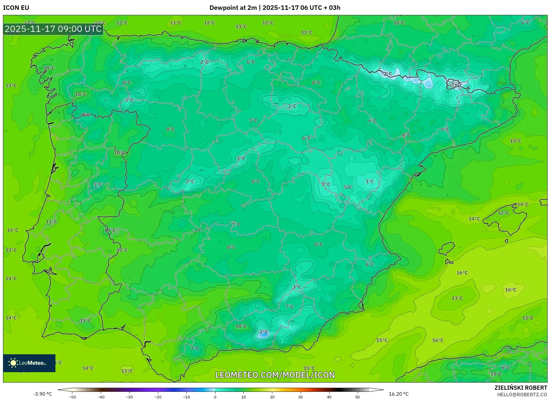 ICON model - Spain, Dewpoint at 2m