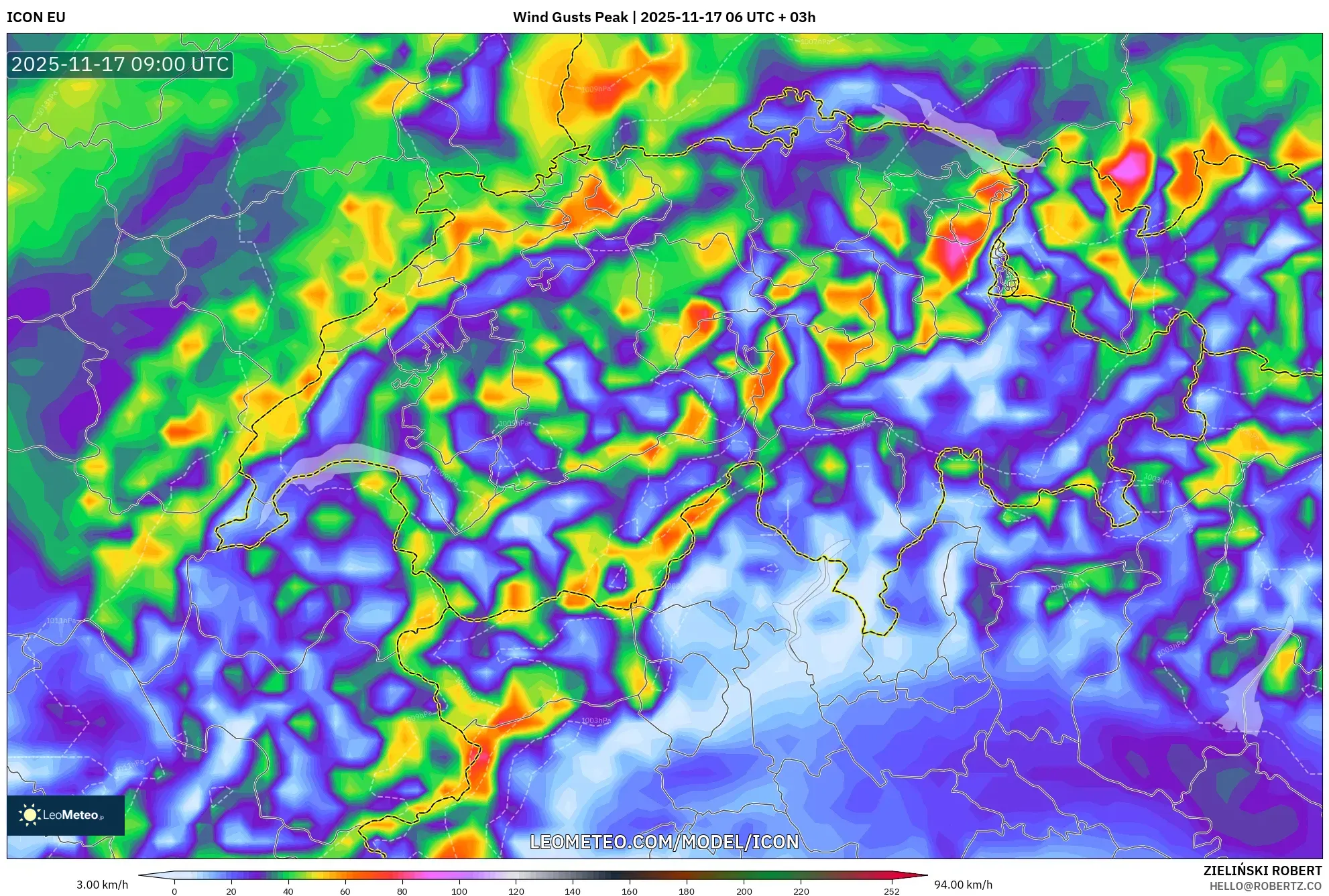 ICON model - Switzerland, Wind Gusts Peak