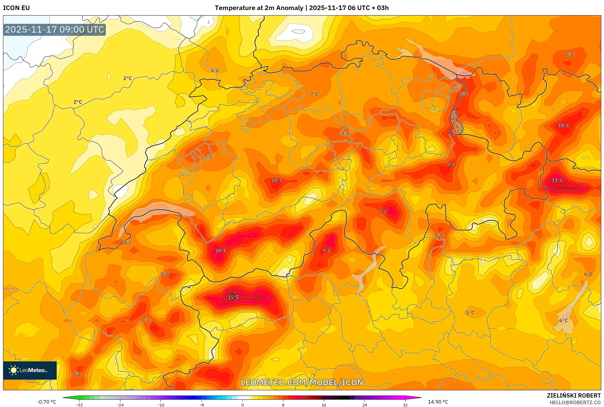 ICON model - Switzerland, Temperature at 2m Anomaly