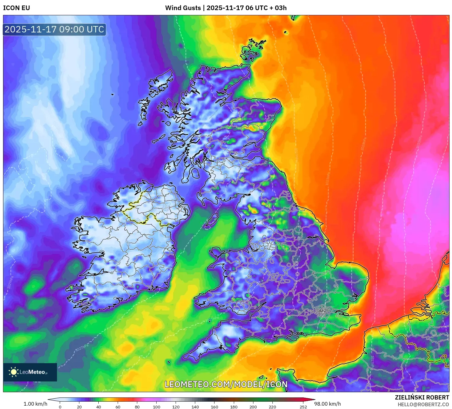 ICON model - United Kingdom, Wind Gusts
