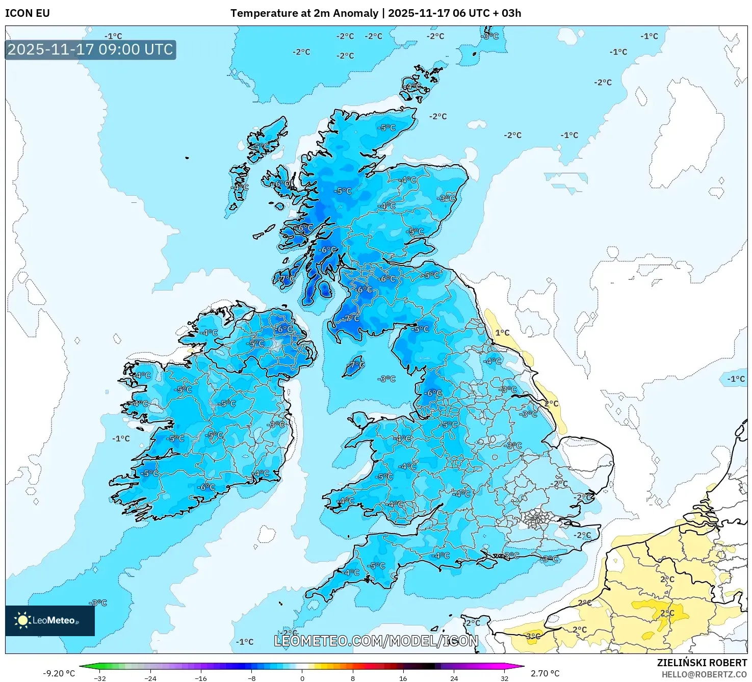 ICON model - United Kingdom, Temperature at 2m Anomaly
