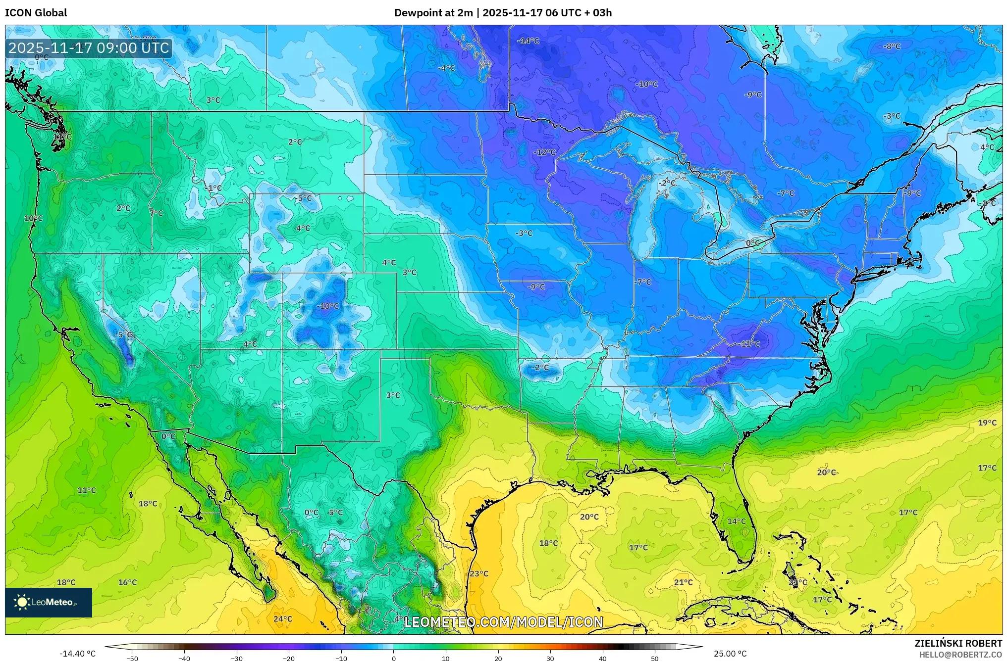ICON model - United States, Dewpoint at 2m