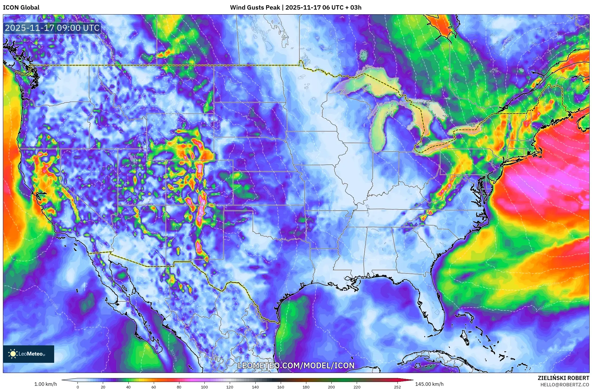 ICON model - United States, Wind Gusts Peak