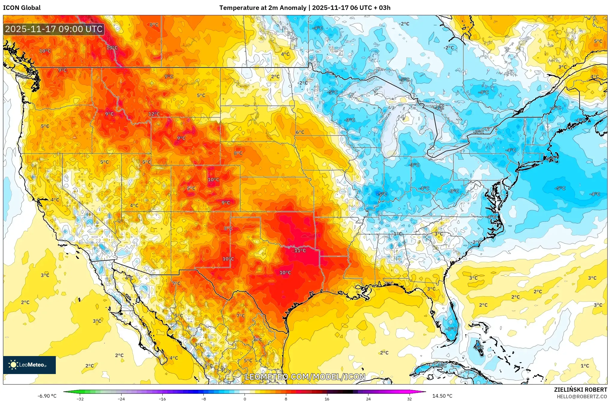 ICON model - United States, Temperature at 2m Anomaly