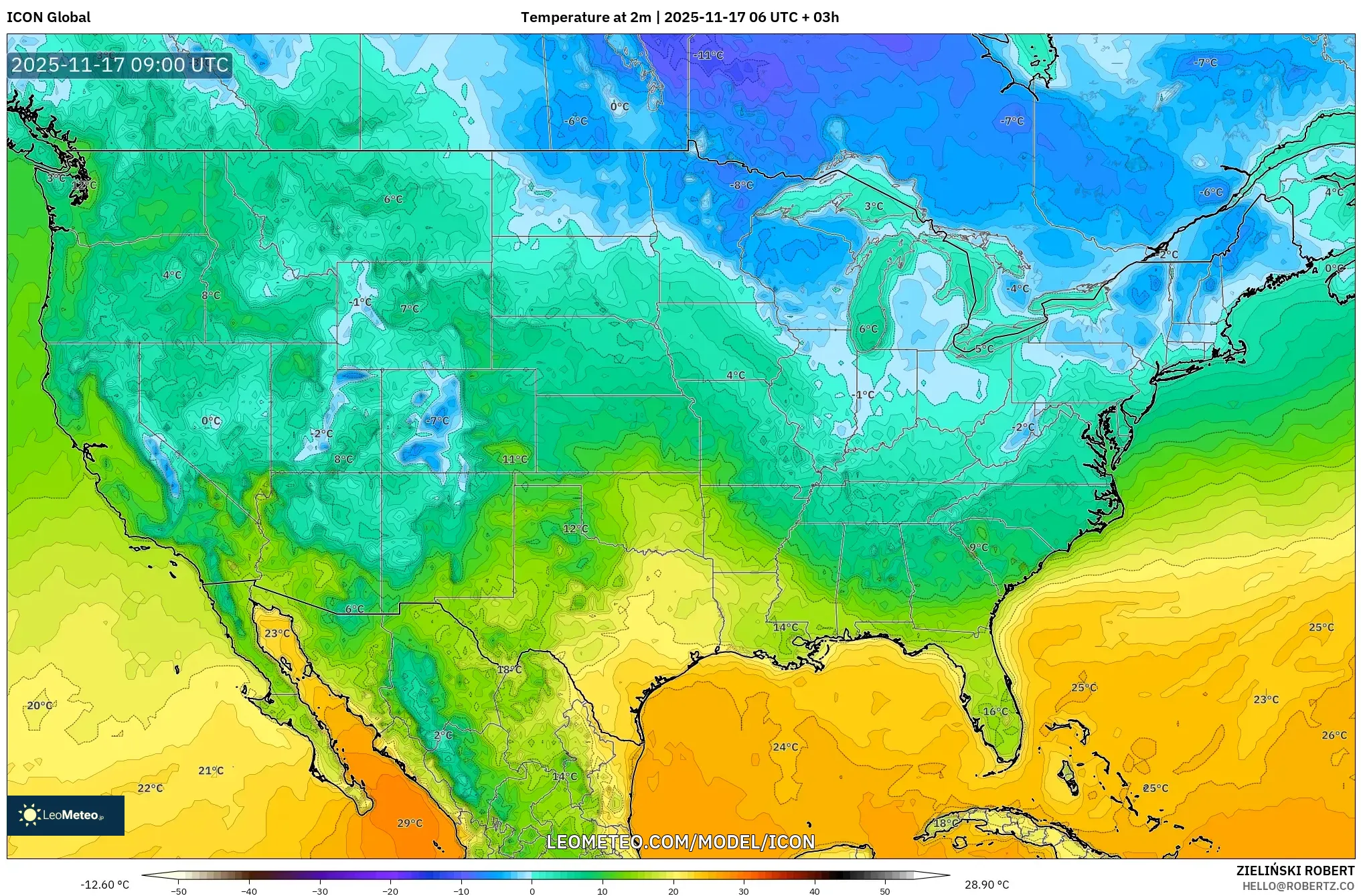 ICON model - United States, Temperature at 2m