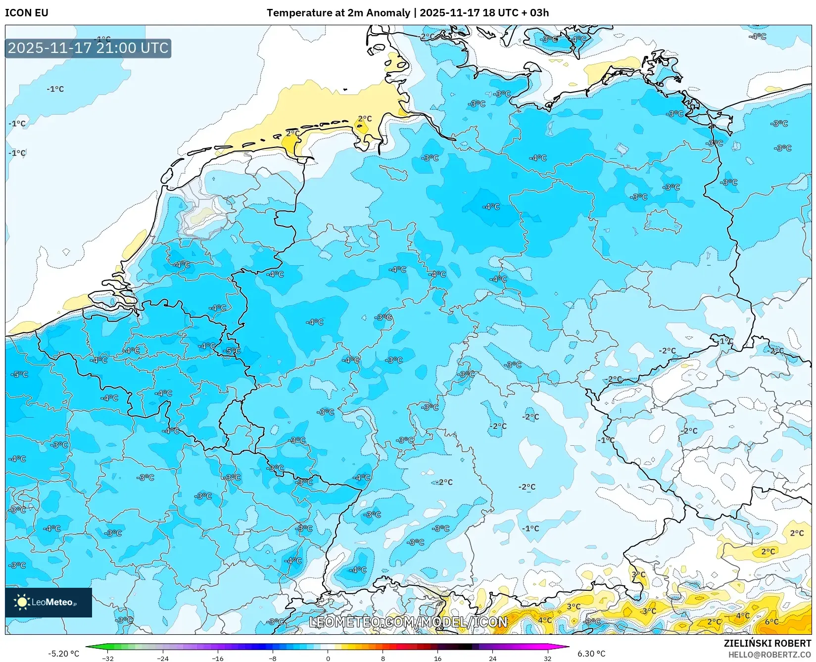 ICON model - Germany, Temperature at 2m Anomaly