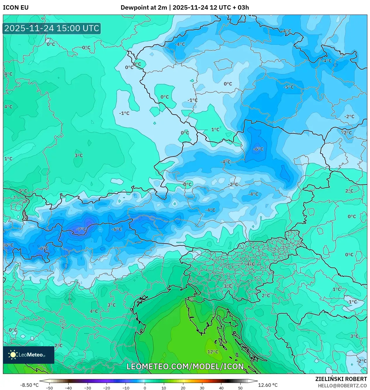 ICON model - Austria, Dewpoint at 2m