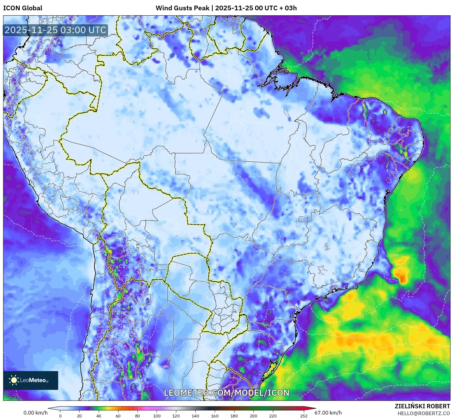 ICON model - Brazil, Wind Gusts Peak