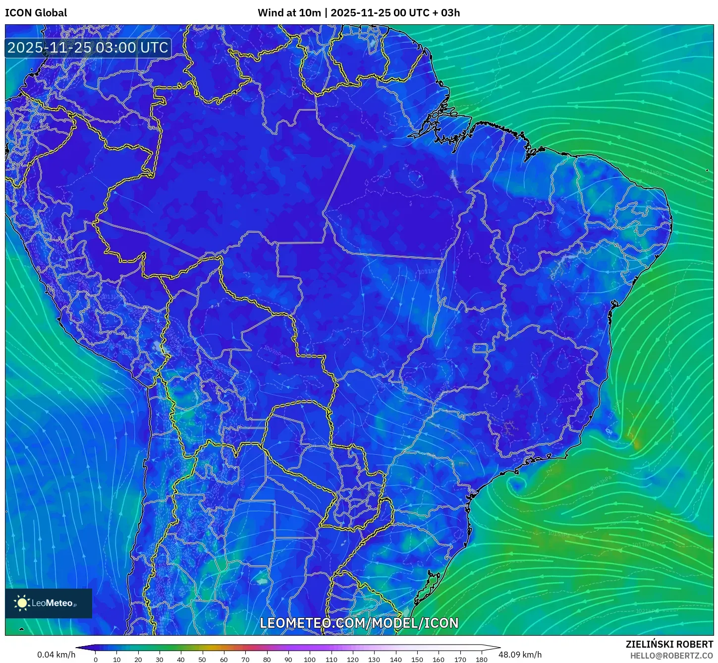 ICON model - Brazil, Wind at 10m