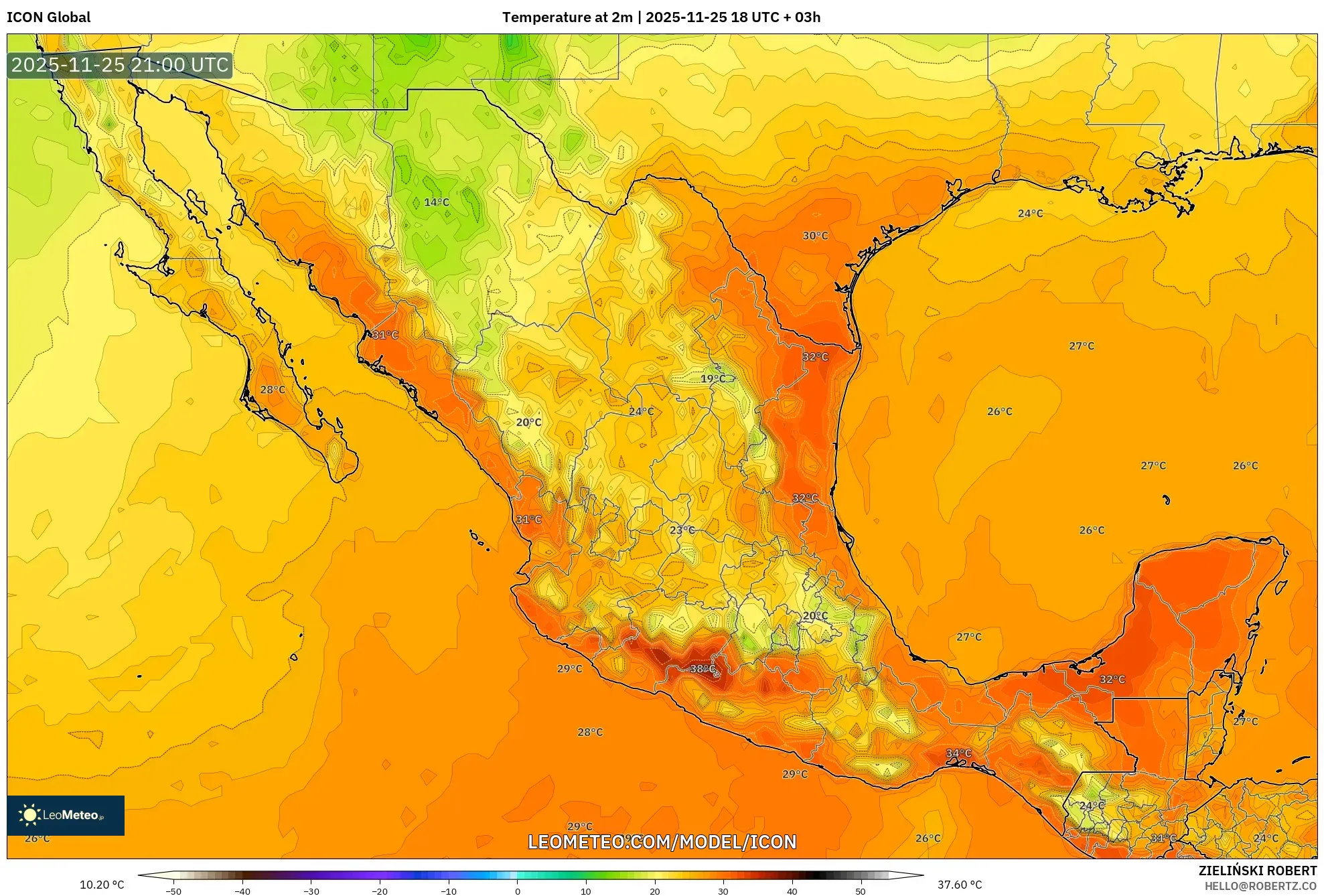 ICON model - Mexico, Temperature at 2m
