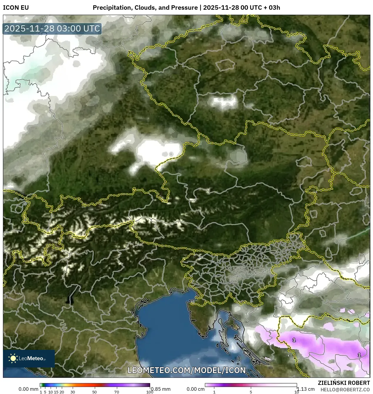 ICON model - Austria, Precipitation, Clouds, and Pressure