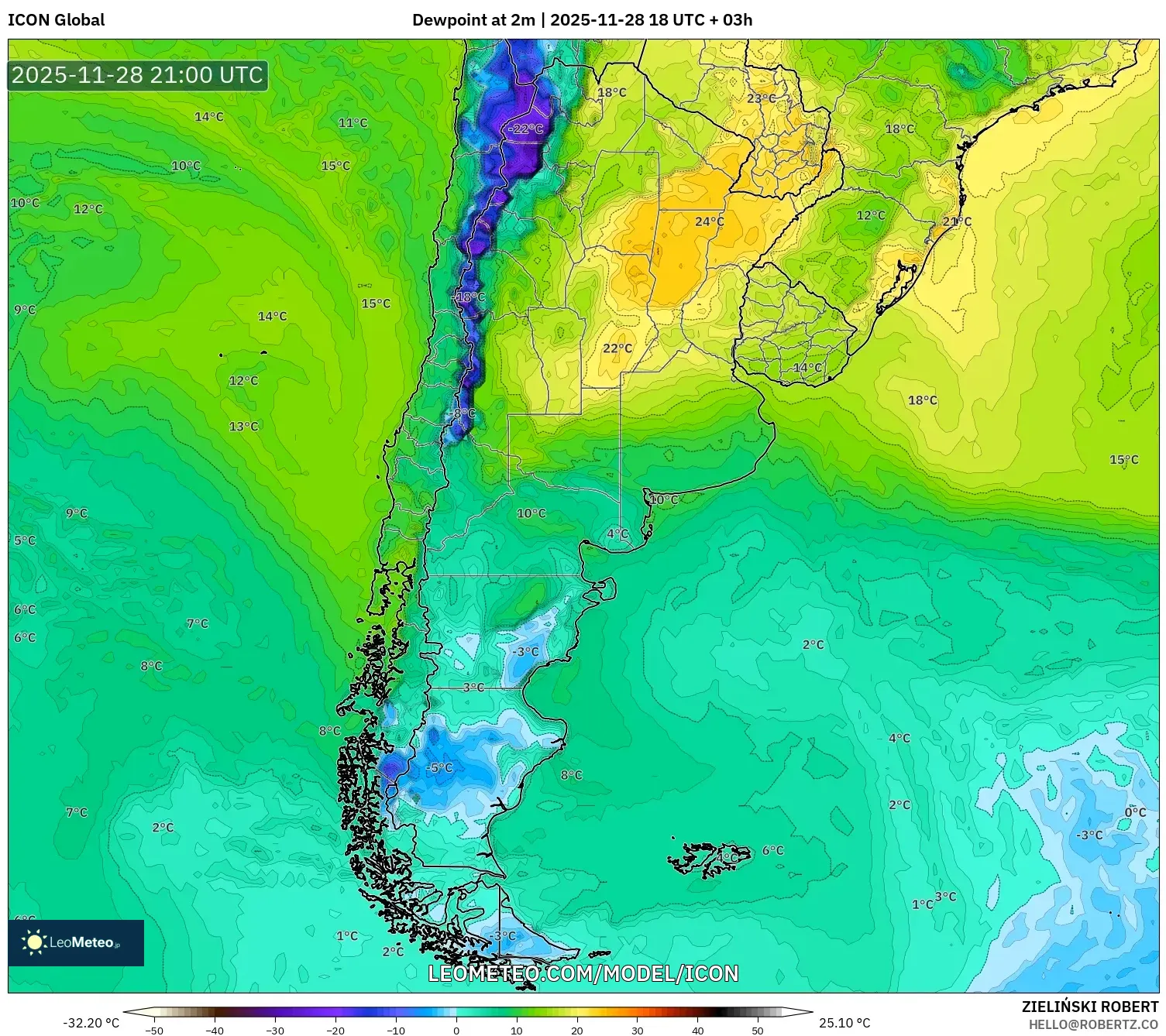 ICON model - Argentina, Dewpoint at 2m