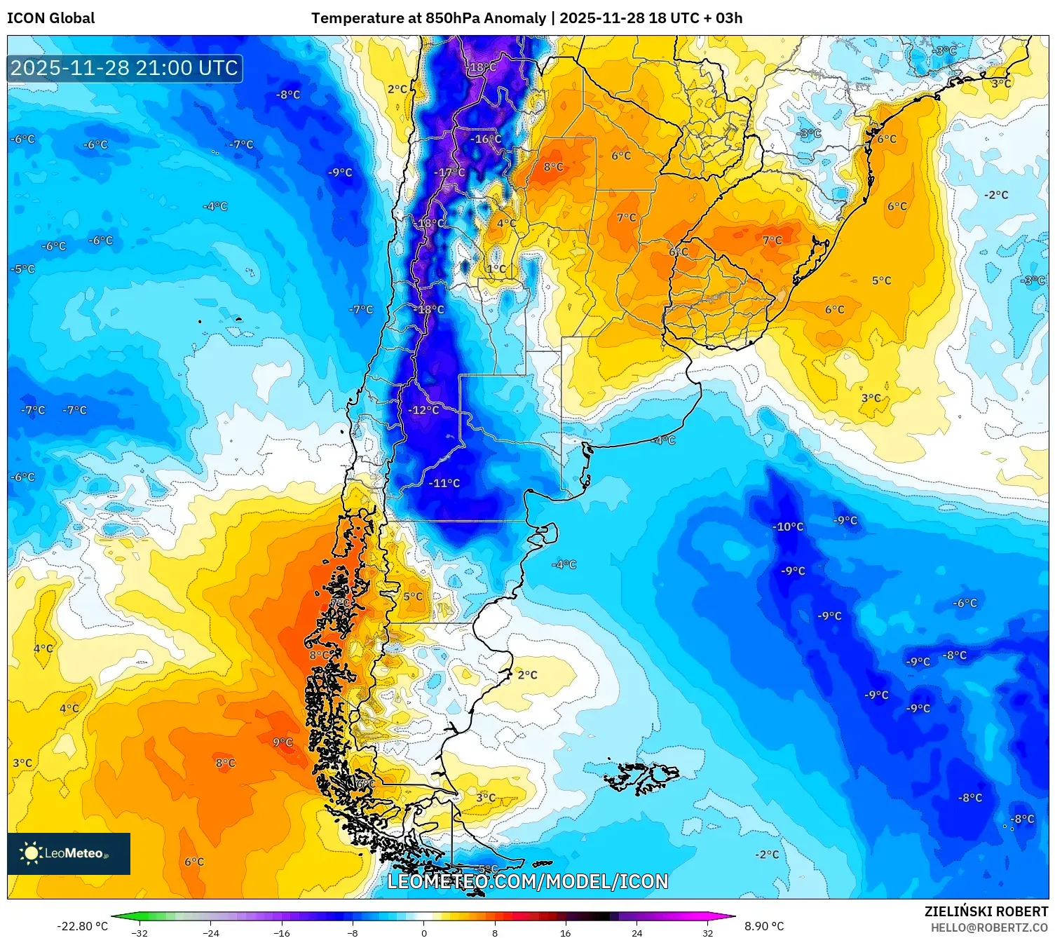 ICON model - Argentina, Temperature at 850hPa Anomaly
