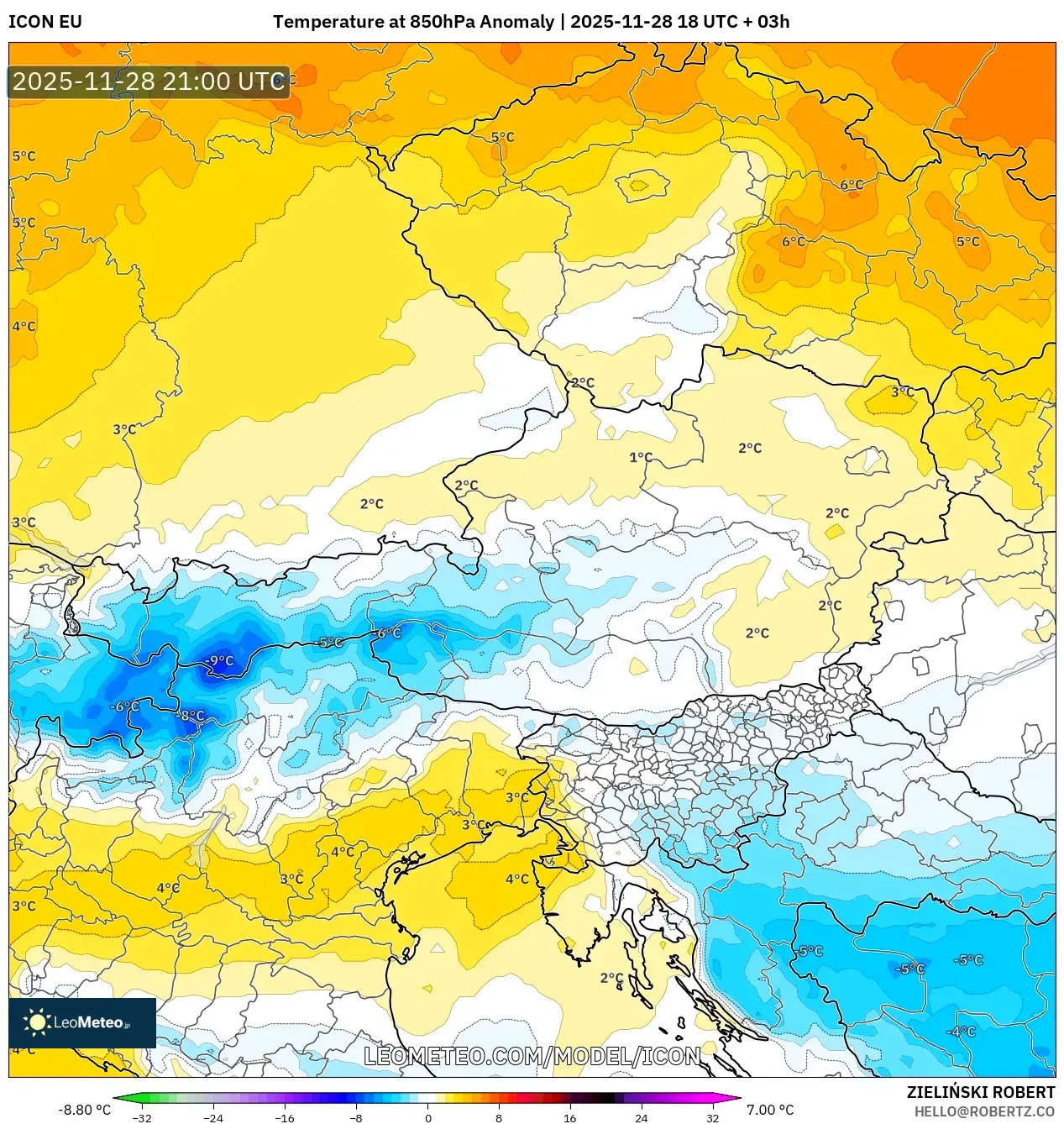 ICON model - Austria, Temperature at 850hPa Anomaly