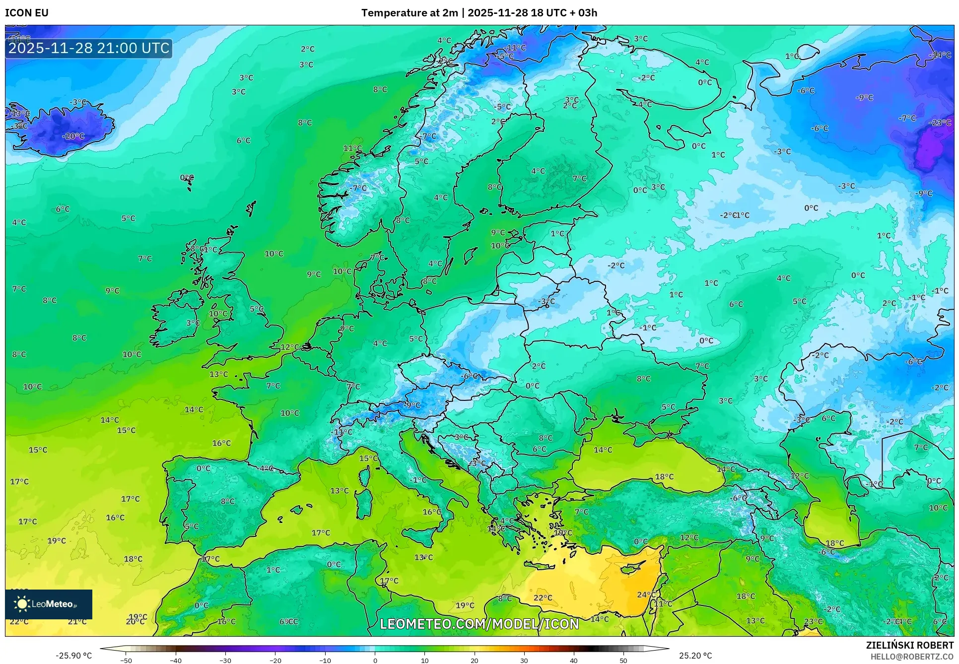 ICON model - Europe, Temperature at 2m