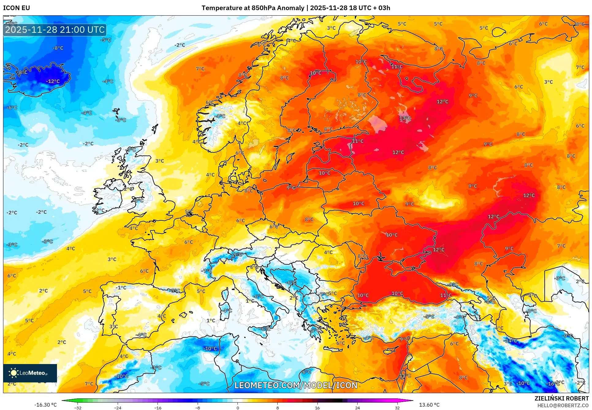 ICON model - Europe, Temperature at 850hPa Anomaly