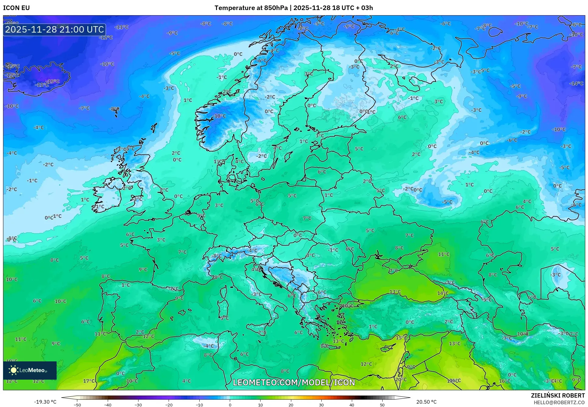 ICON model - Europe, Temperature at 850hPa