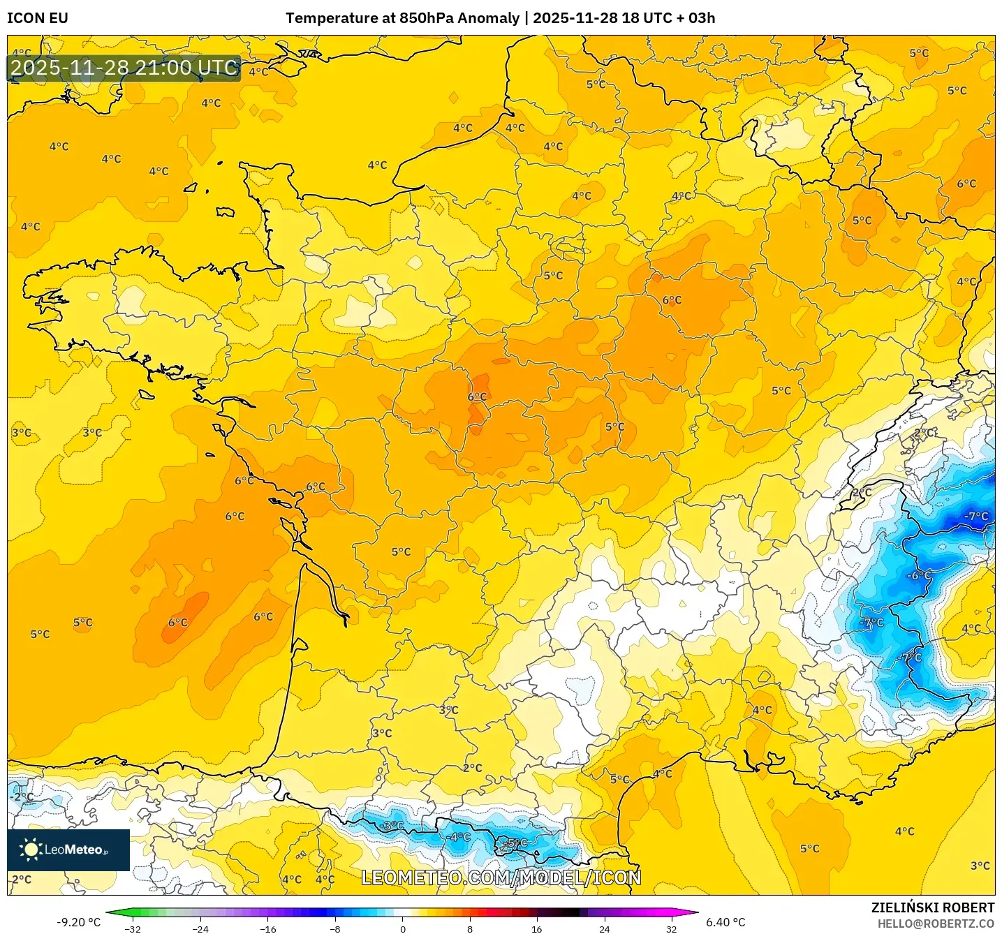 ICON model - France, Temperature at 850hPa Anomaly