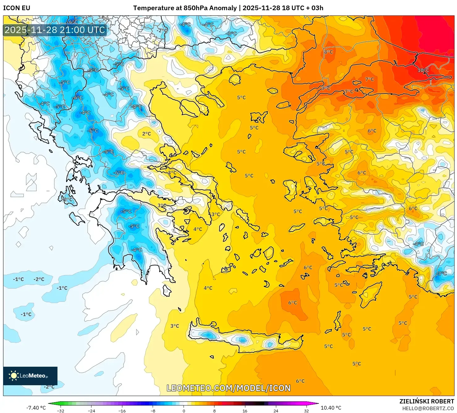ICON model - Greece, Temperature at 850hPa Anomaly