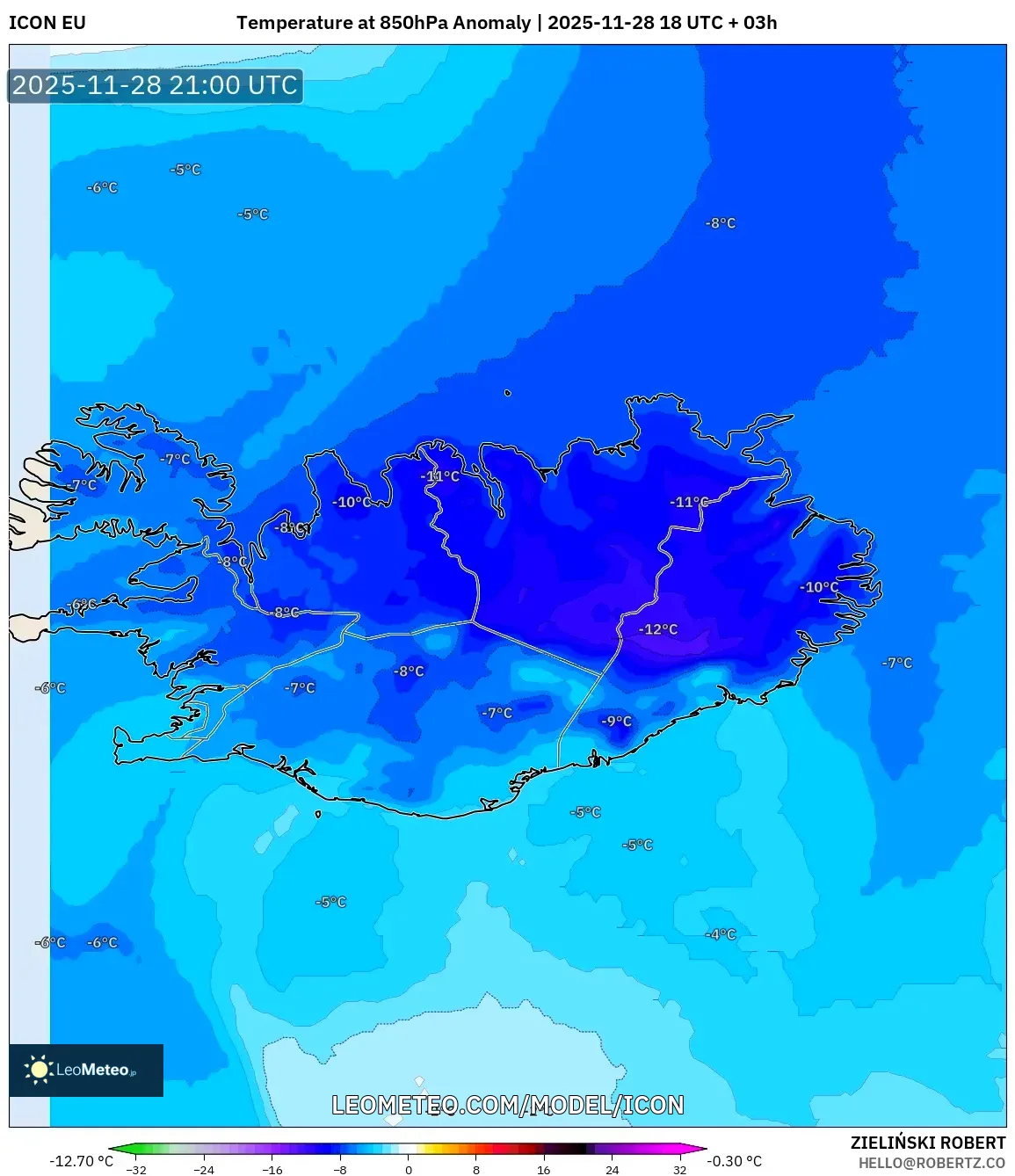 ICON model - Iceland, Temperature at 850hPa Anomaly