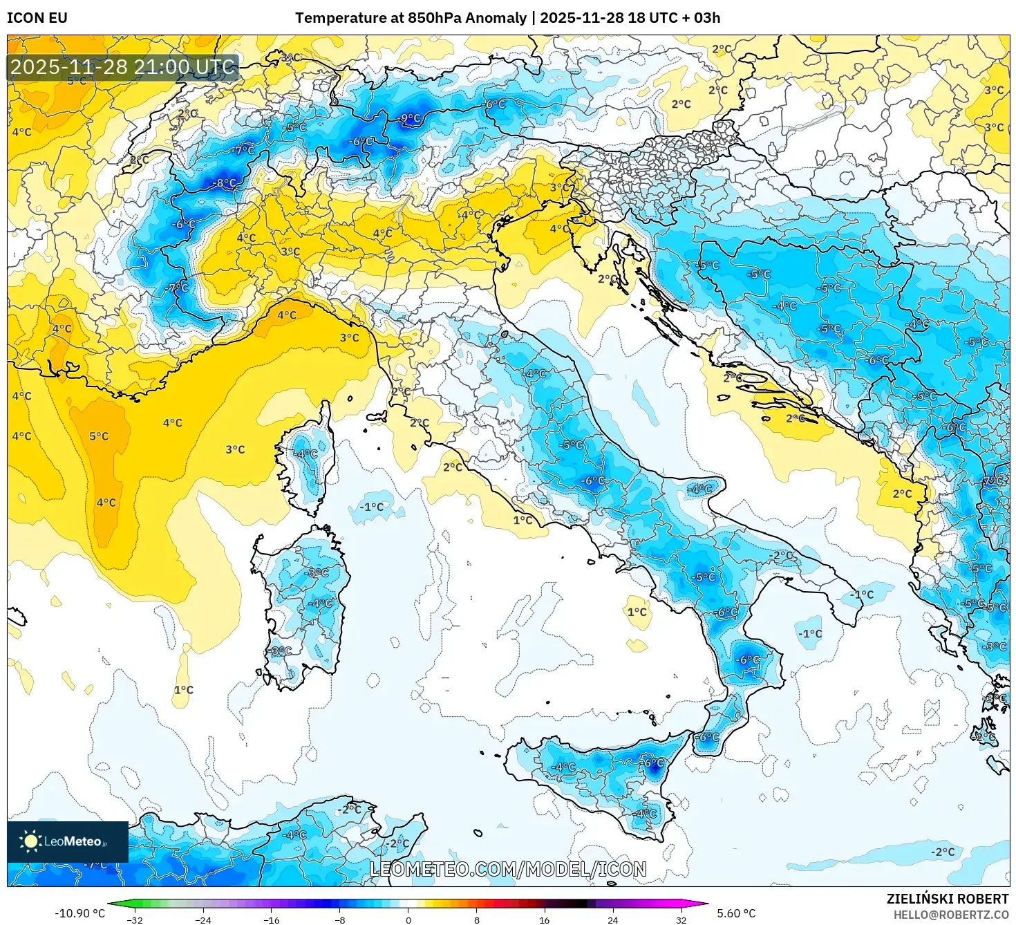 ICON model - Italy, Temperature at 850hPa Anomaly
