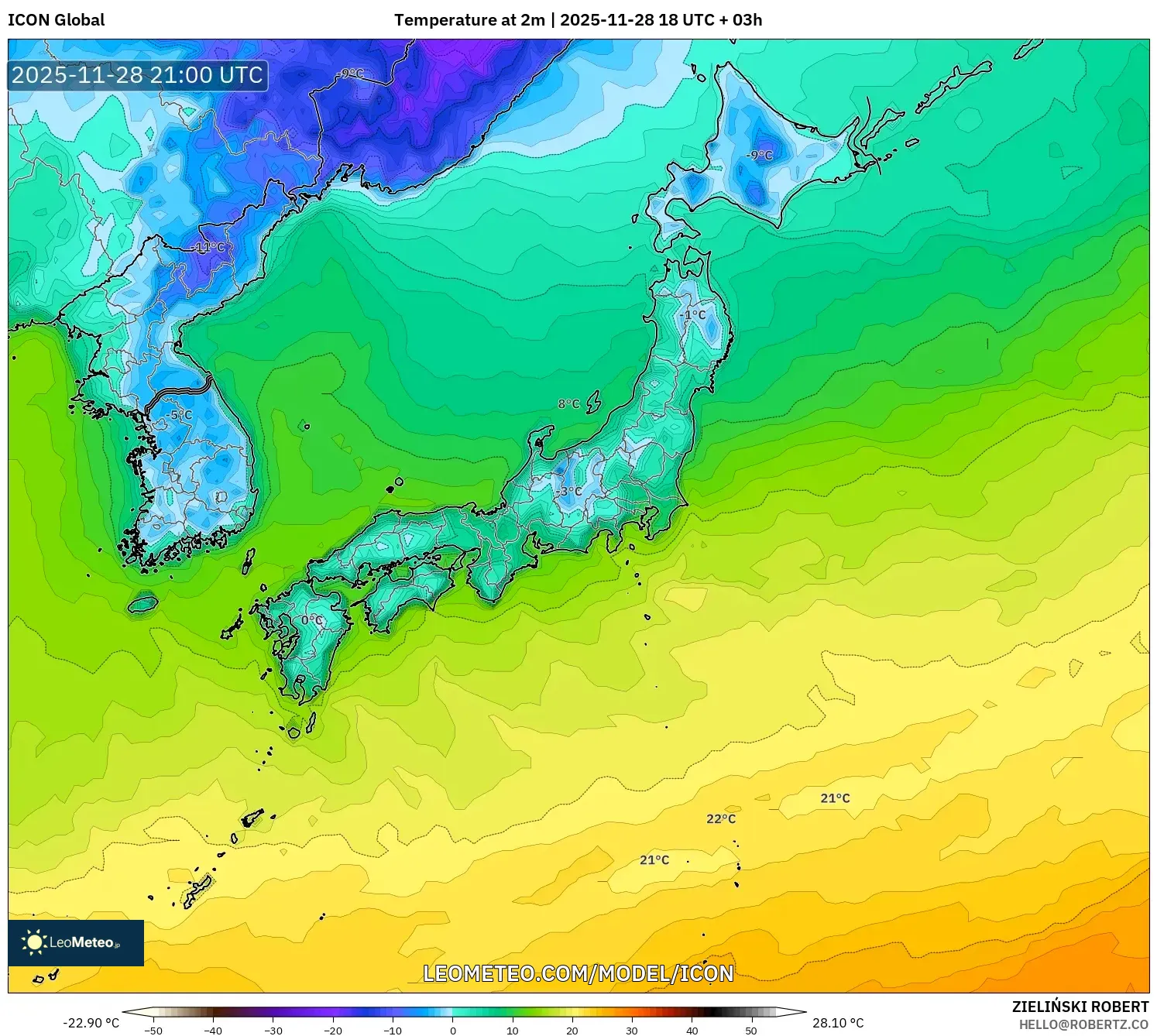 ICON model - Japan, Temperature at 2m