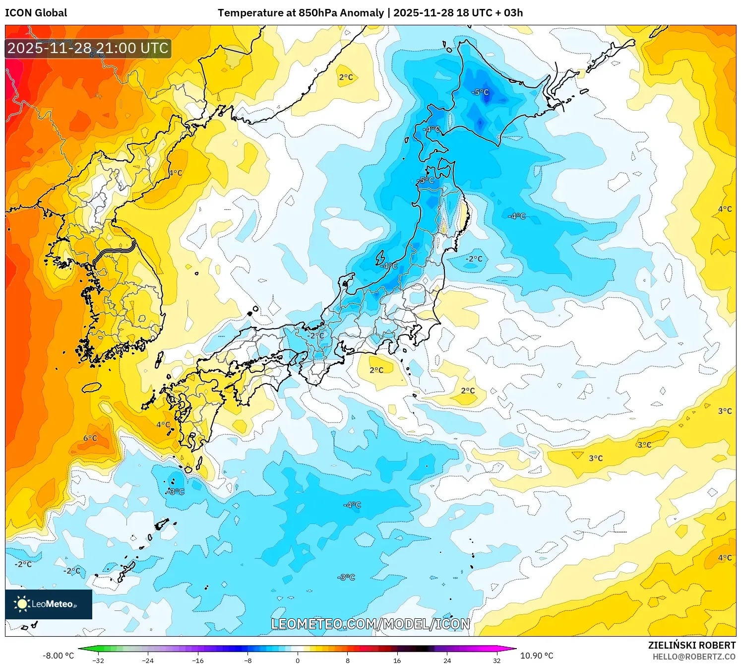ICON model - Japan, Temperature at 850hPa Anomaly