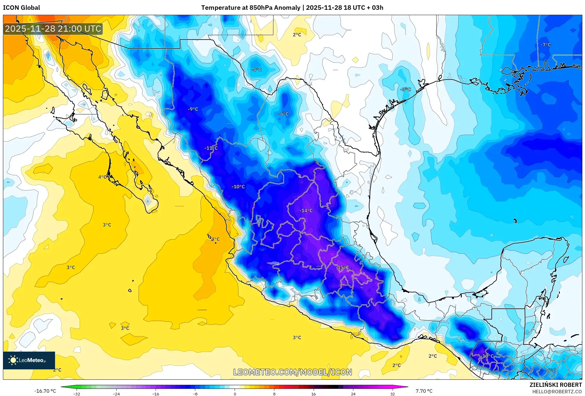 ICON model - Mexico, Temperature at 850hPa Anomaly